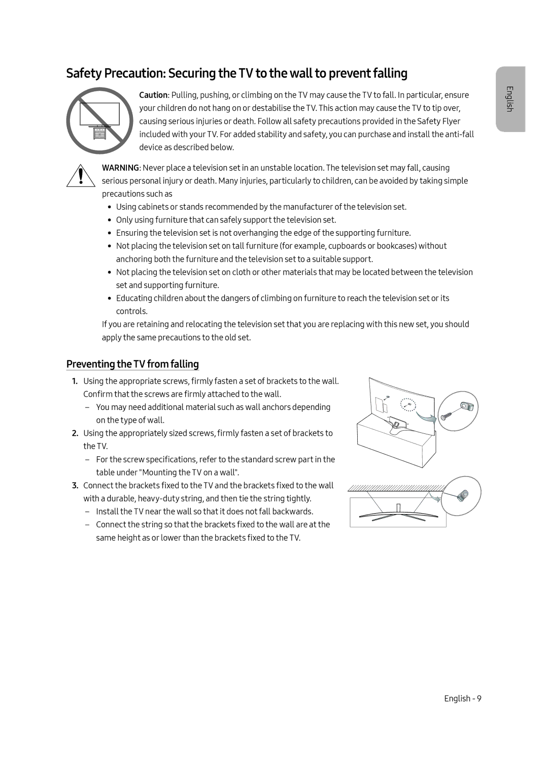 Samsung UE55MU6220WXXN manual Preventing the TV from falling 