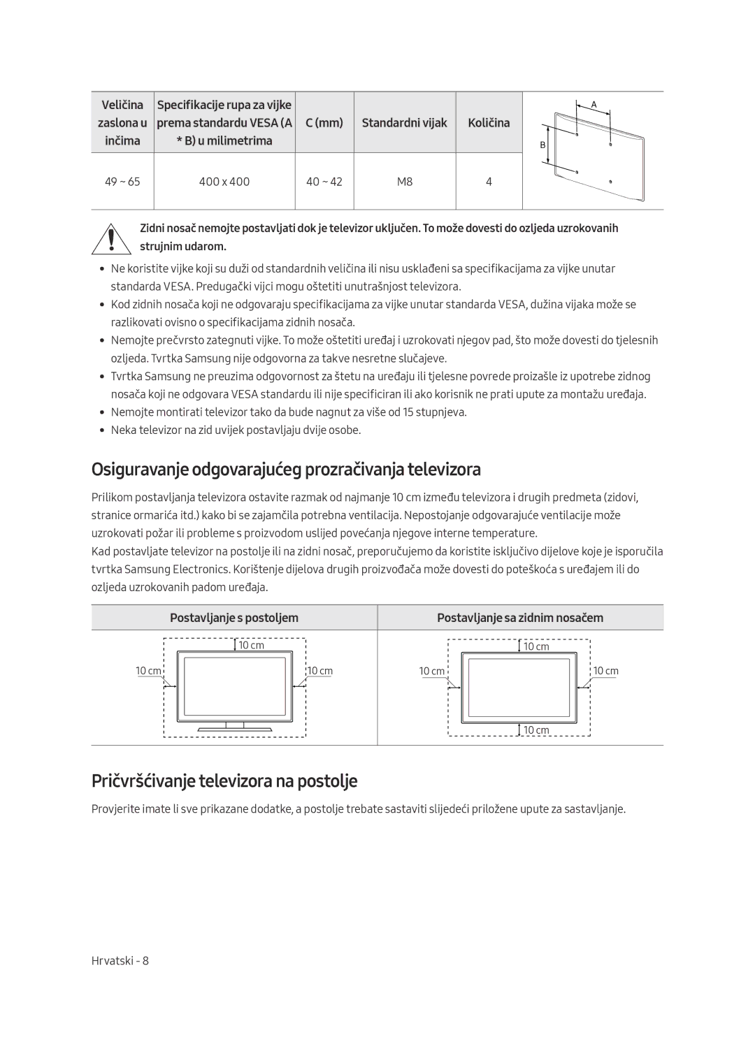 Samsung UE55MU6292UXXH manual Osiguravanje odgovarajućeg prozračivanja televizora, Pričvršćivanje televizora na postolje 