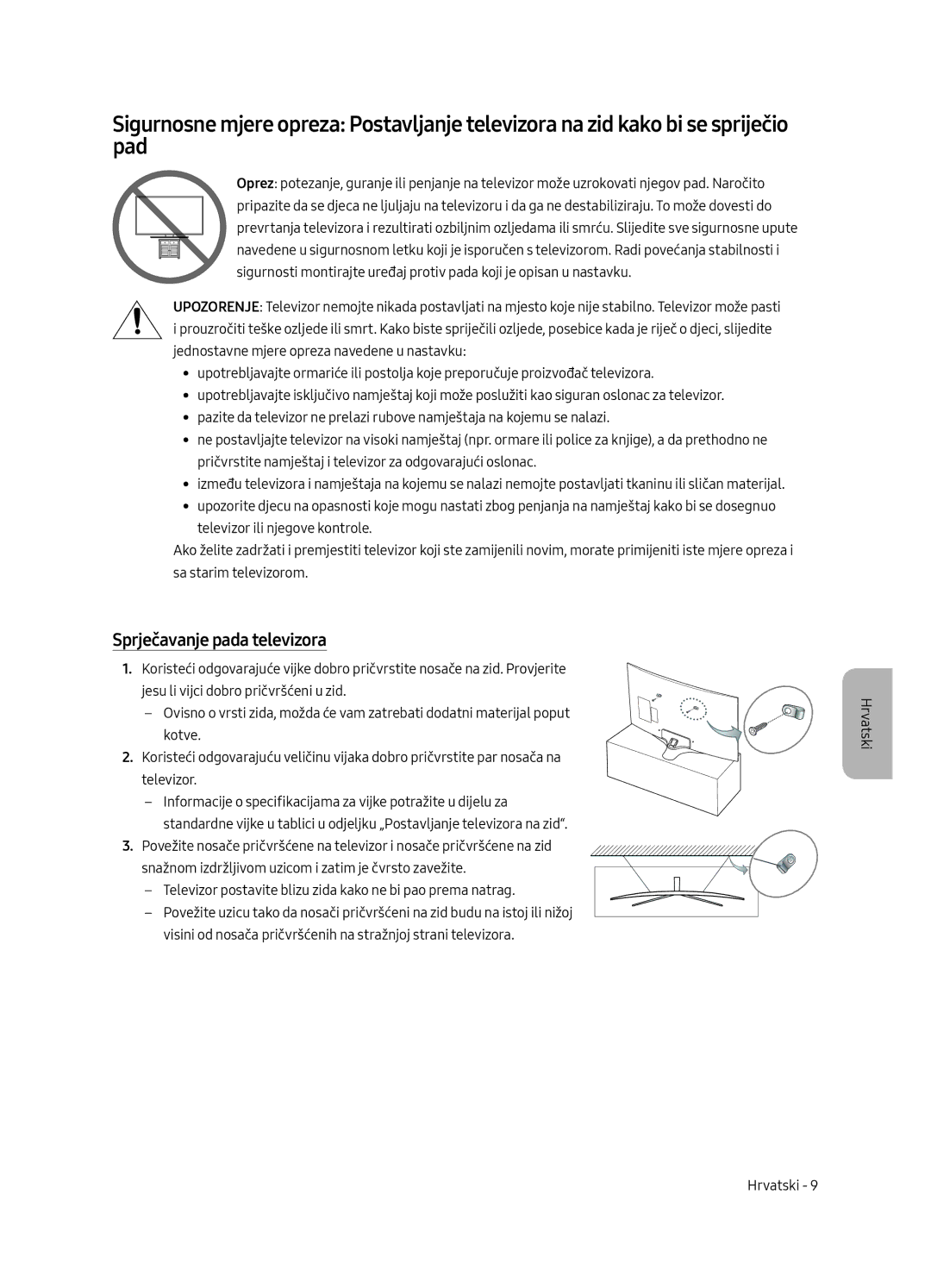 Samsung UE49MU6292UXXH, UE55MU6222KXXH, UE49MU6222KXXH, UE65MU6222KXXH, UE55MU6292UXXH manual Sprječavanje pada televizora 