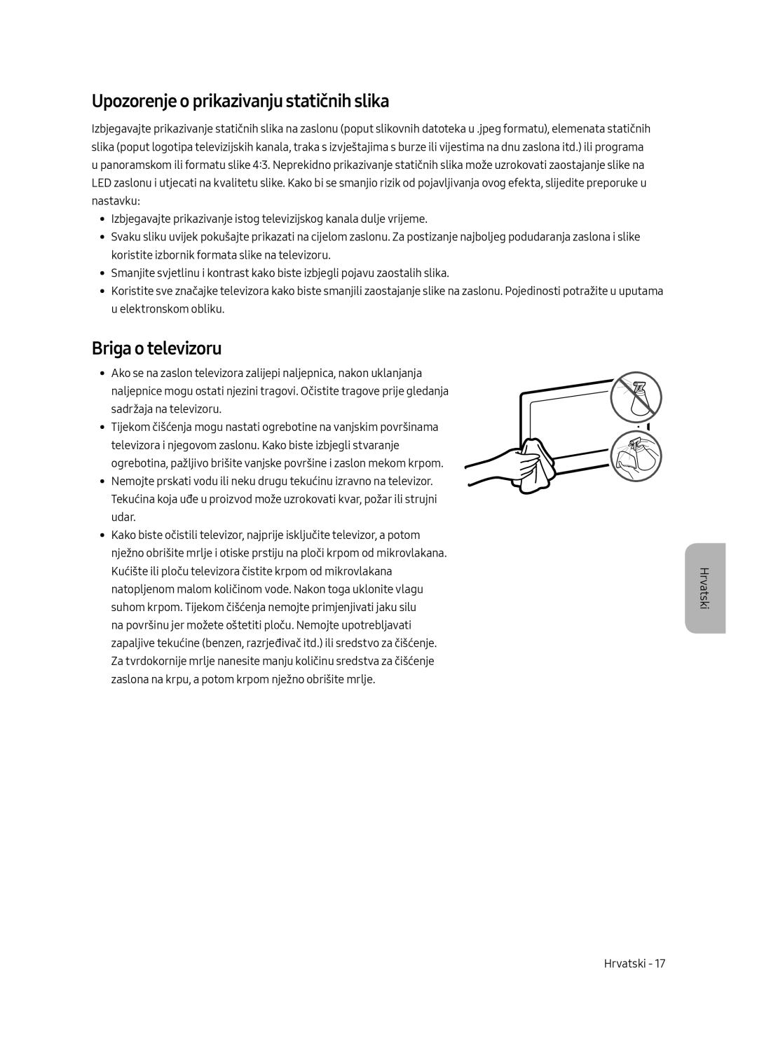 Samsung UE65MU6222KXXH, UE55MU6222KXXH, UE49MU6222KXXH manual Upozorenje o prikazivanju statičnih slika, Briga o televizoru 