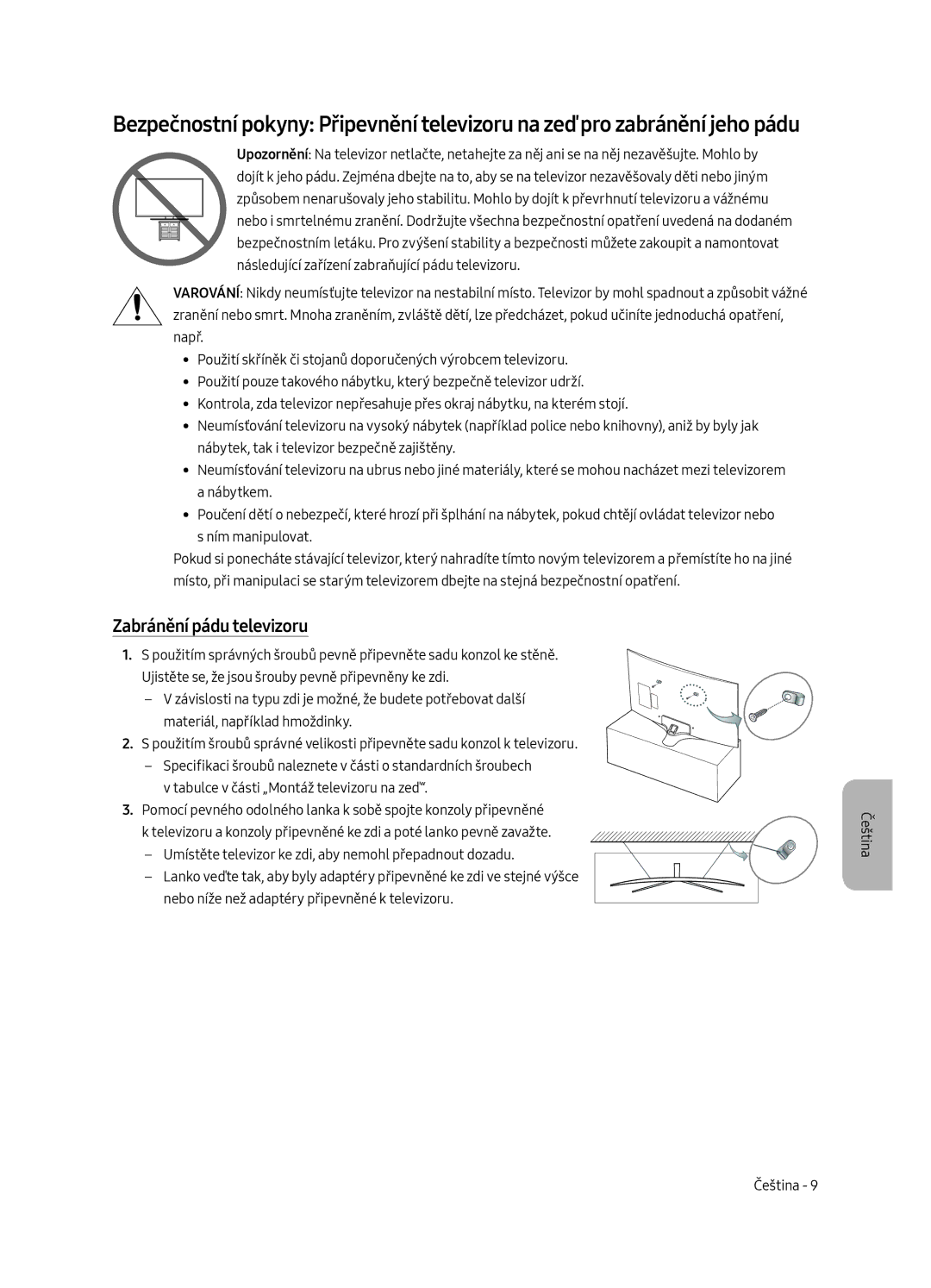 Samsung UE49MU6292UXXH, UE55MU6222KXXH, UE49MU6222KXXH, UE65MU6222KXXH, UE55MU6292UXXH manual Zabránění pádu televizoru 