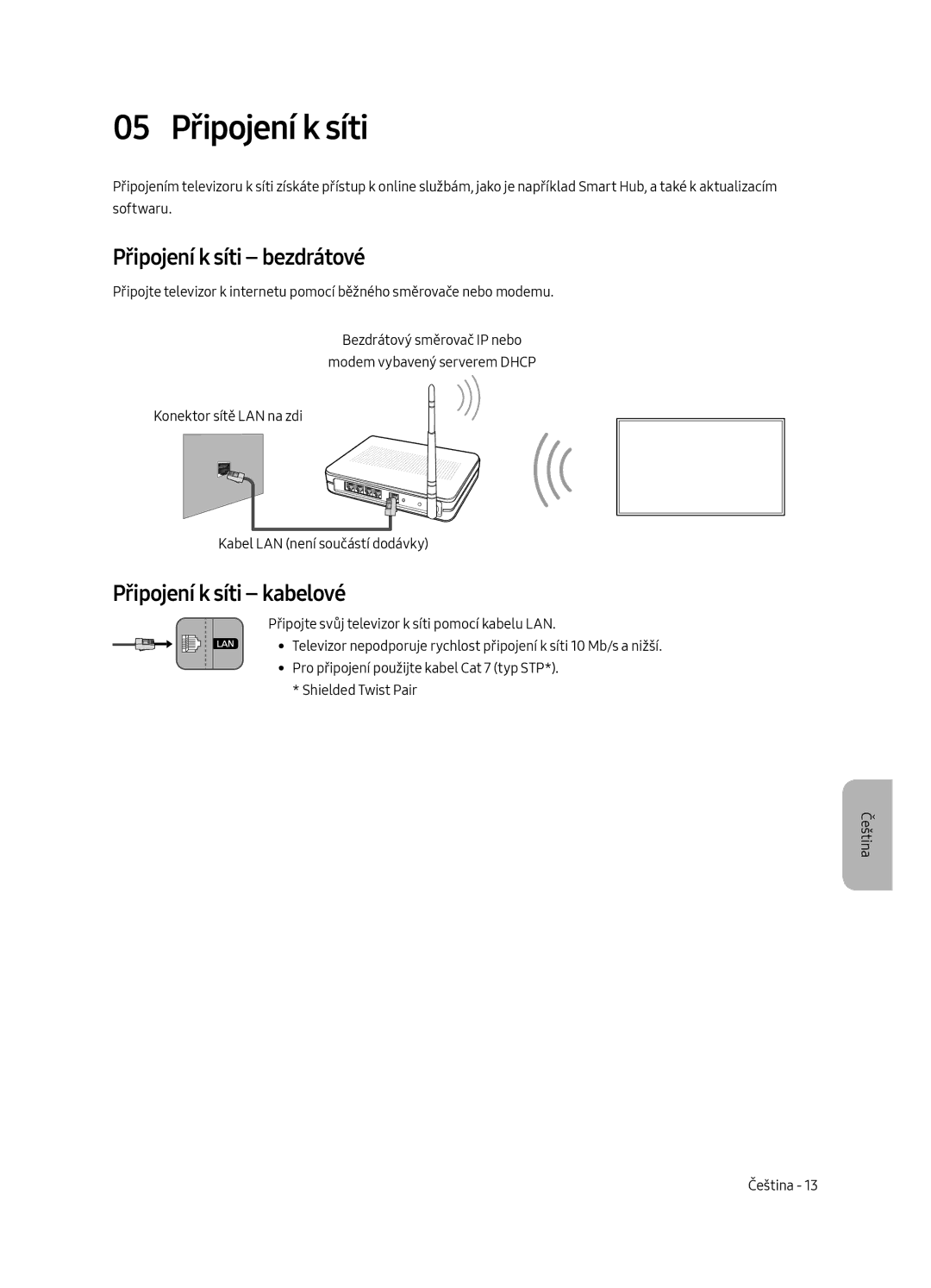 Samsung UE55MU6292UXXH, UE55MU6222KXXH manual 05 Připojení k síti, Připojení k síti bezdrátové, Připojení k síti kabelové 