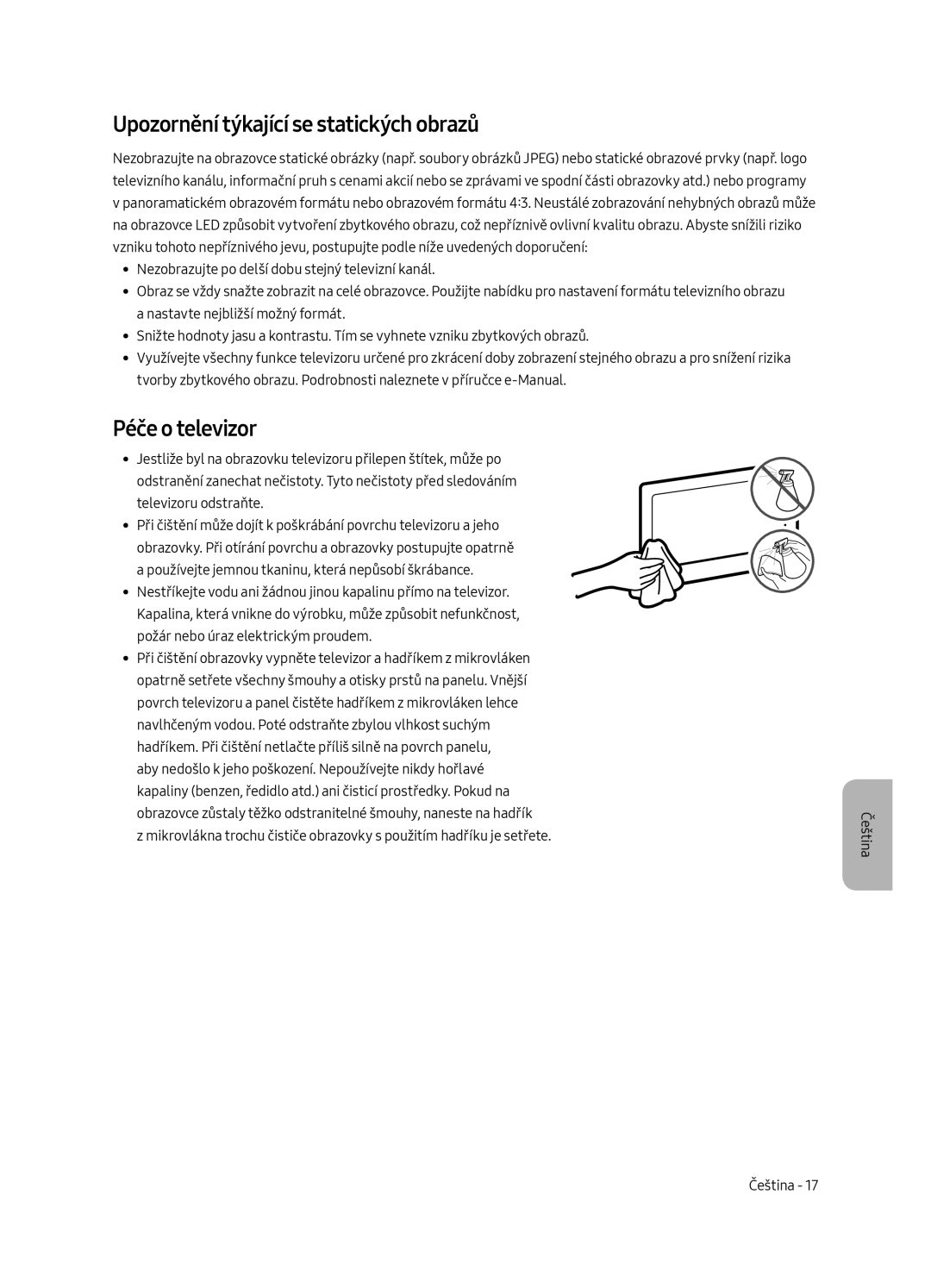 Samsung UE65MU6222KXXH, UE55MU6222KXXH, UE49MU6222KXXH manual Upozornění týkající se statických obrazů, Péče o televizor 