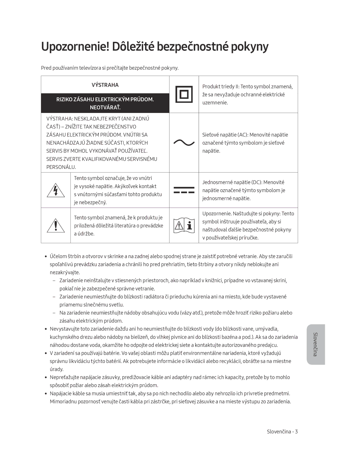 Samsung UE55MU6292UXXH, UE55MU6222KXXH manual Upozornenie! Dôležité bezpečnostné pokyny, Riziko Zásahu Elektrickým Prúdom 