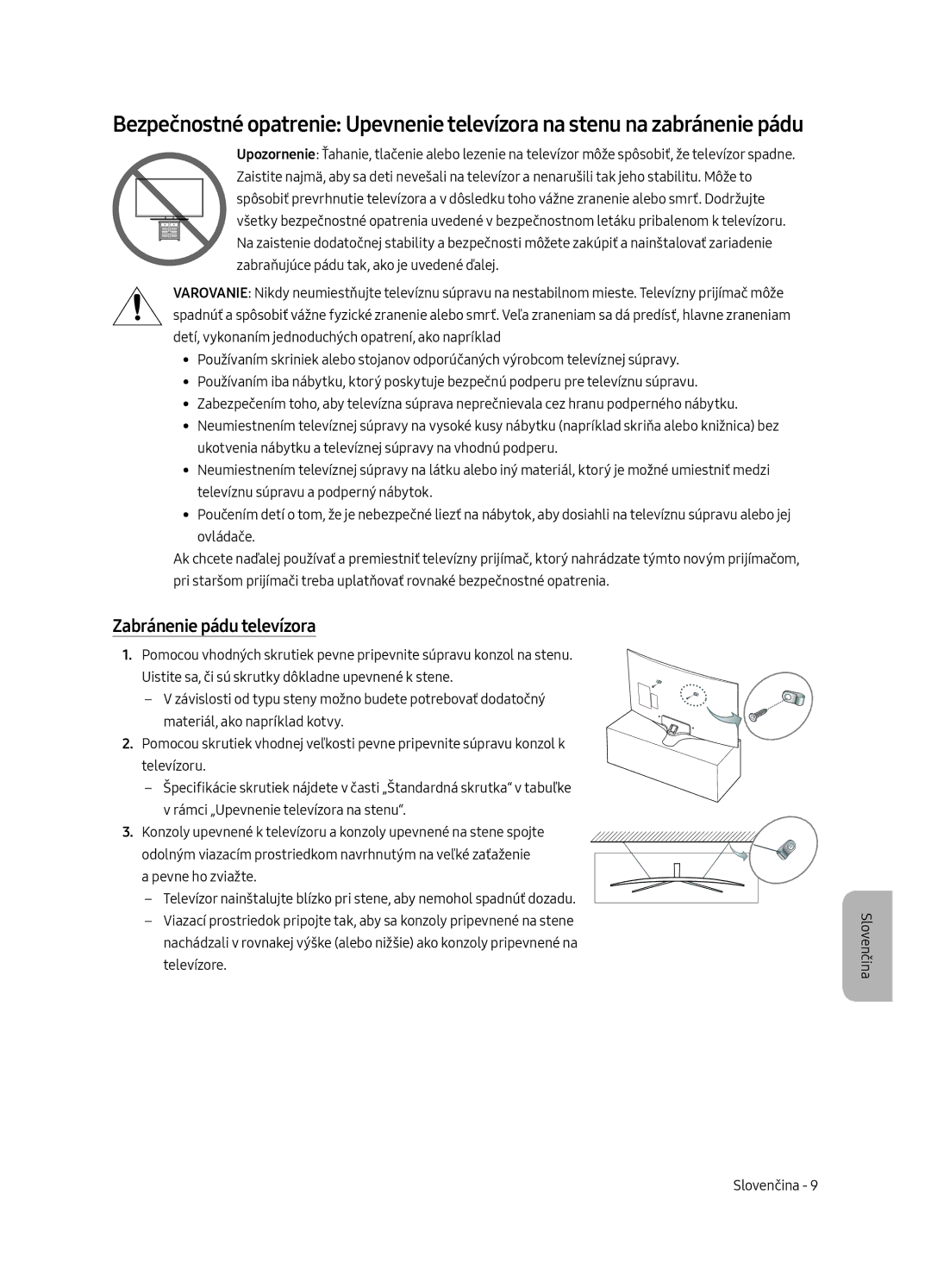 Samsung UE49MU6292UXXH, UE55MU6222KXXH, UE49MU6222KXXH, UE65MU6222KXXH, UE55MU6292UXXH manual Zabránenie pádu televízora 