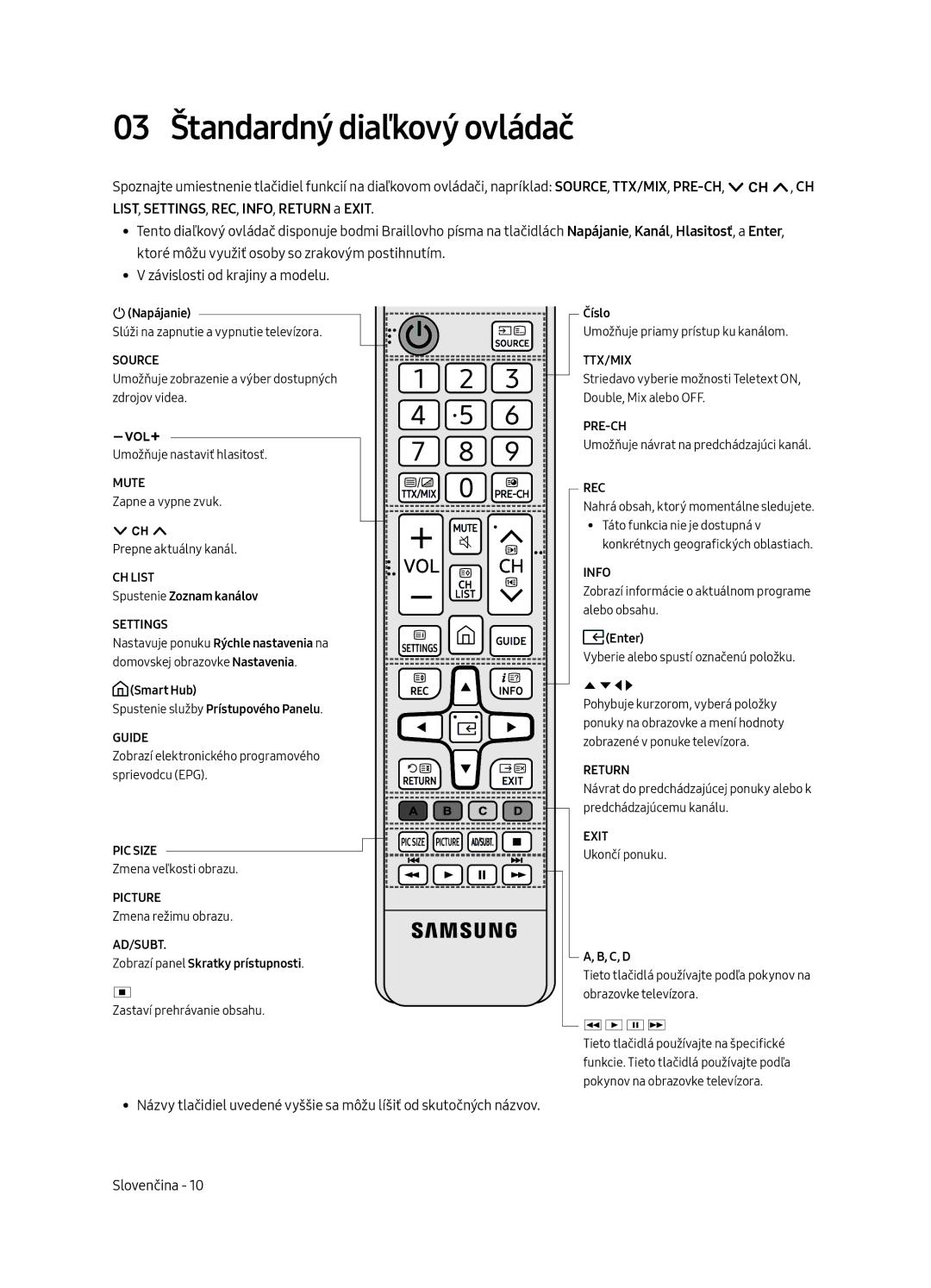 Samsung UE55MU6222KXXH, UE49MU6222KXXH, UE65MU6222KXXH, UE55MU6292UXXH, UE49MU6292UXXH manual 03 Štandardný diaľkový ovládač 