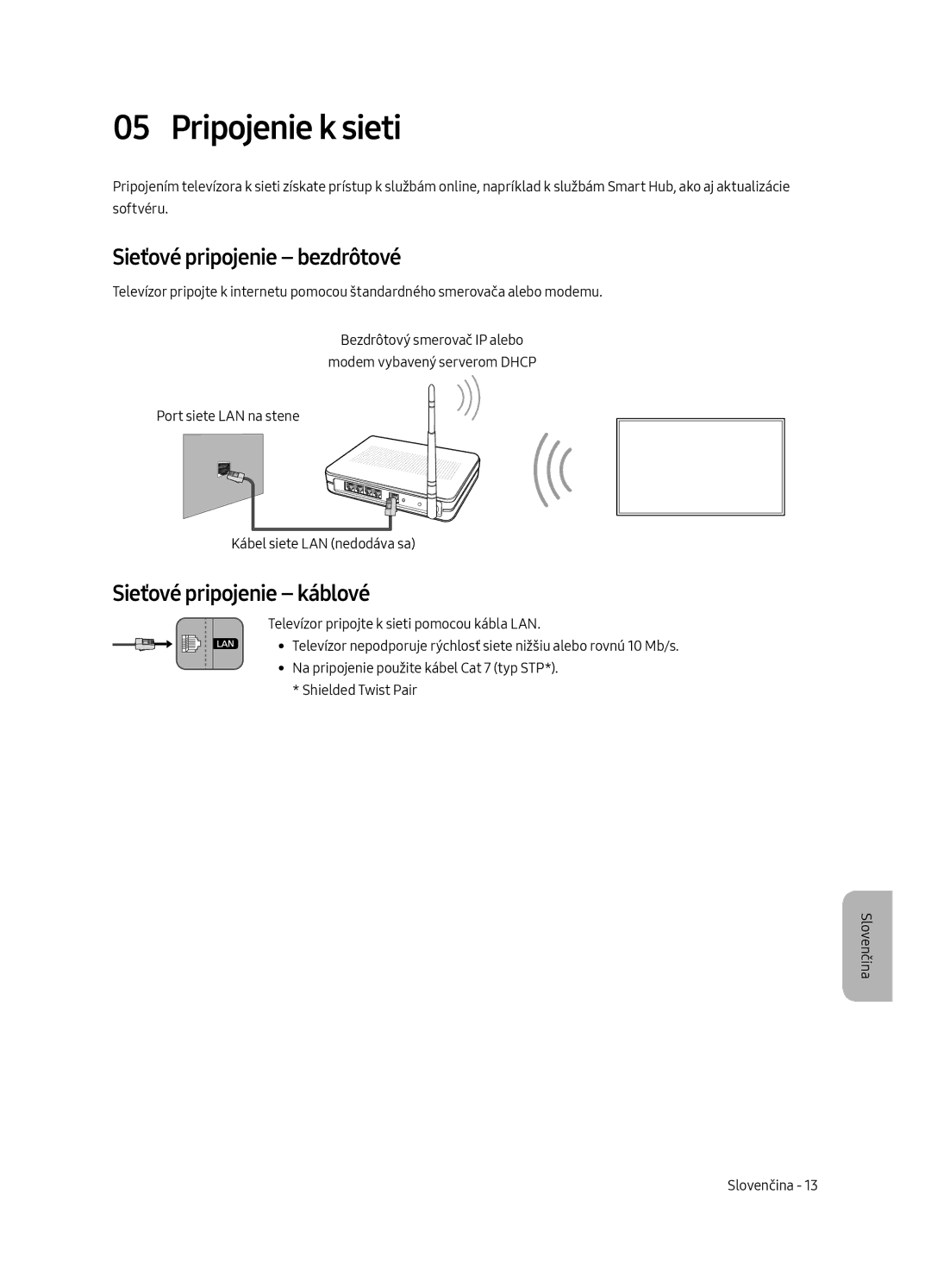 Samsung UE55MU6292UXXH, UE55MU6222KXXH manual Pripojenie k sieti, Sieťové pripojenie bezdrôtové, Sieťové pripojenie káblové 