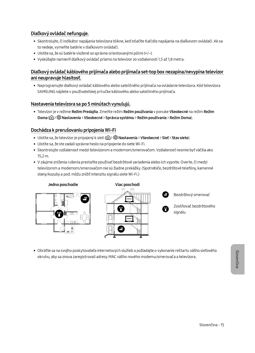 Samsung UE55MU6222KXXH manual Diaľkový ovládač nefunguje, Nastavenia televízora sa po 5 minútach vynulujú, Jedno poschodie 