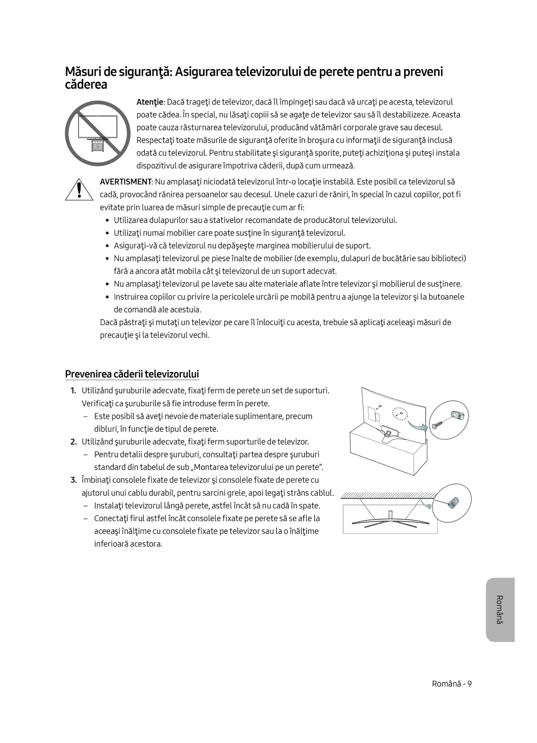 Samsung UE49MU6292UXXH, UE55MU6222KXXH, UE49MU6222KXXH, UE65MU6222KXXH, UE55MU6292UXXH manual Prevenirea căderii televizorului 