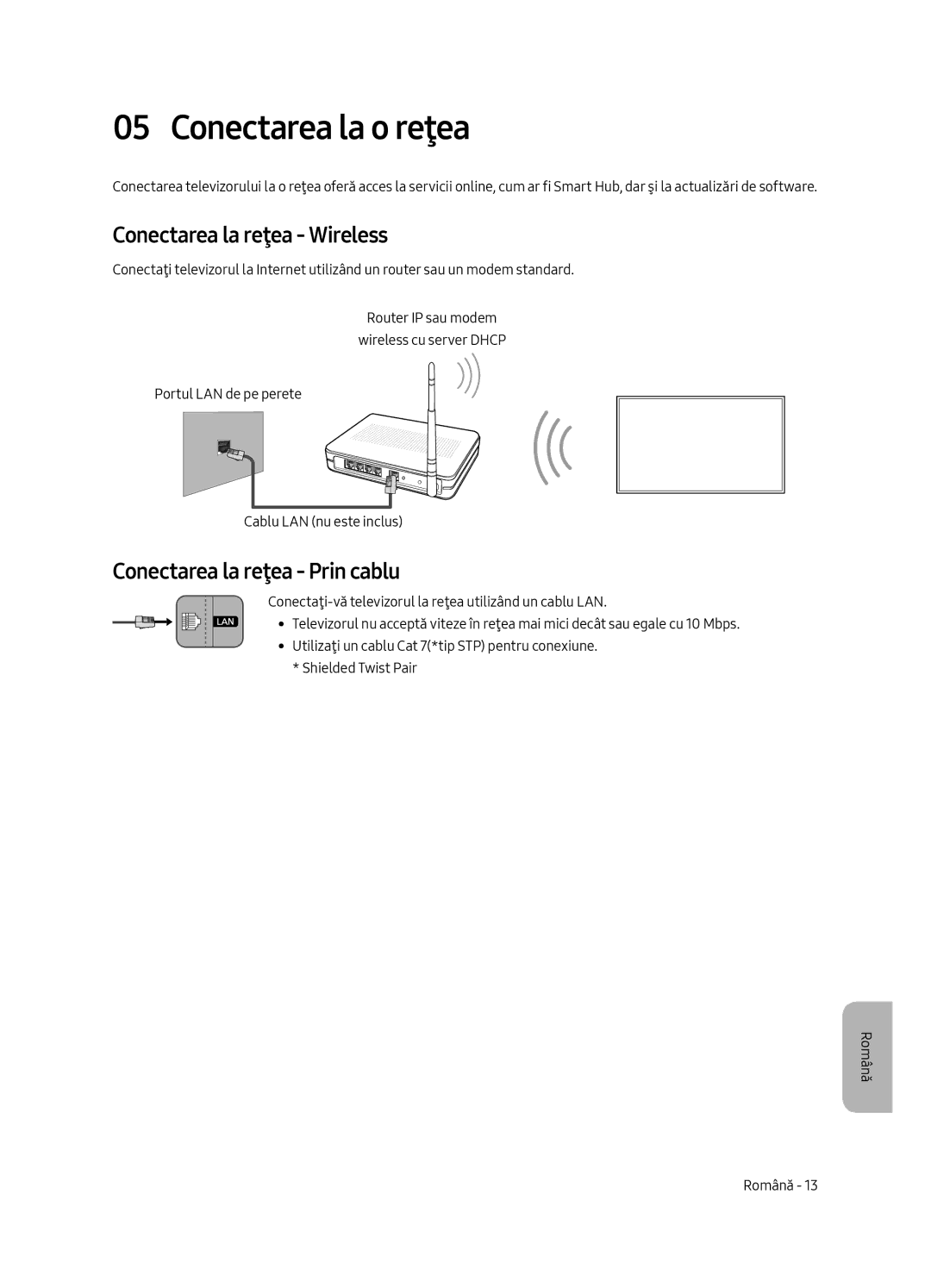 Samsung UE55MU6292UXXH, UE55MU6222KXXH Conectarea la o reţea, Conectarea la reţea Wireless, Conectarea la reţea Prin cablu 