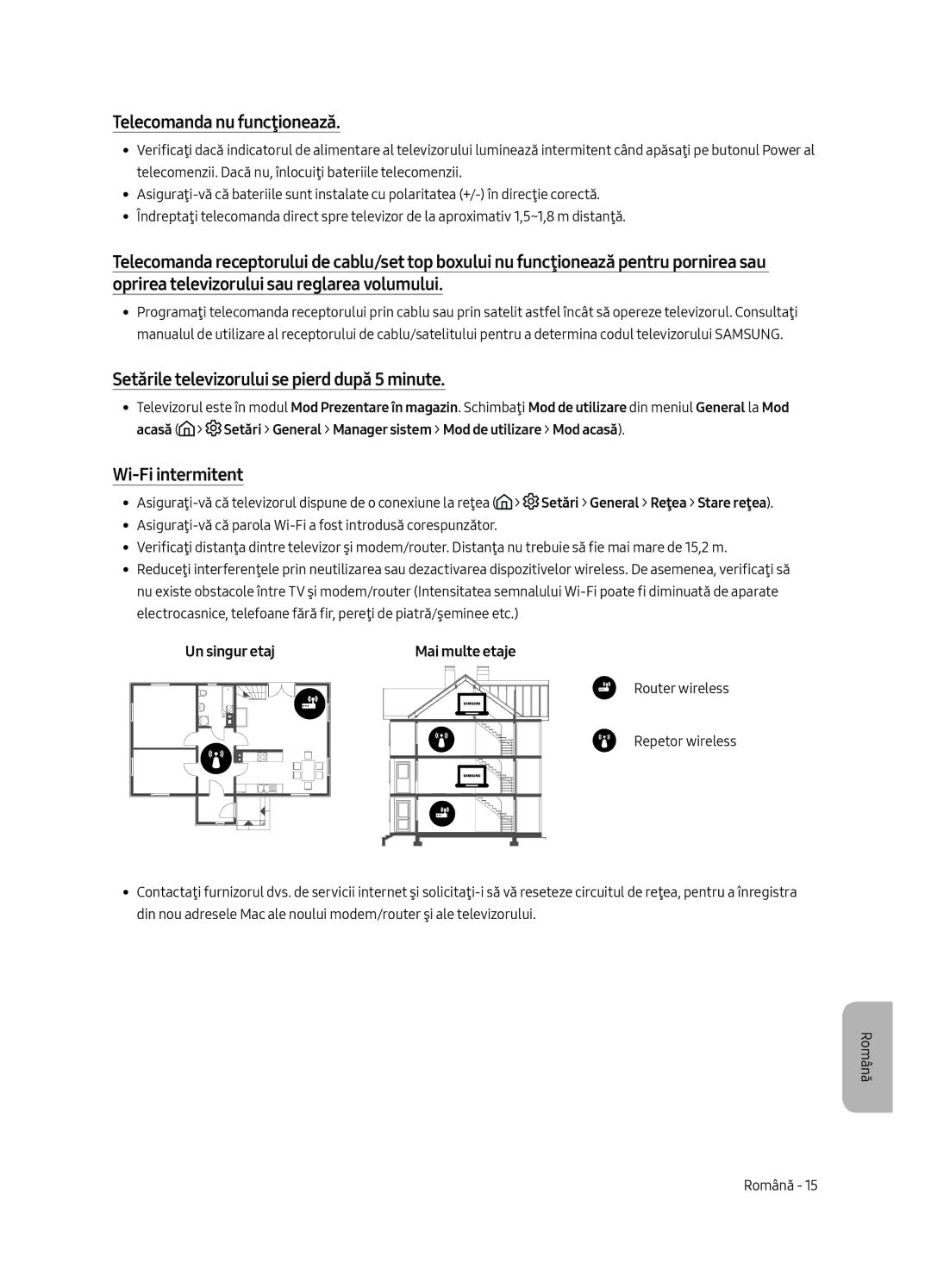 Samsung UE55MU6222KXXH manual Telecomanda nu funcţionează, Setările televizorului se pierd după 5 minute, Wi-Fi intermitent 