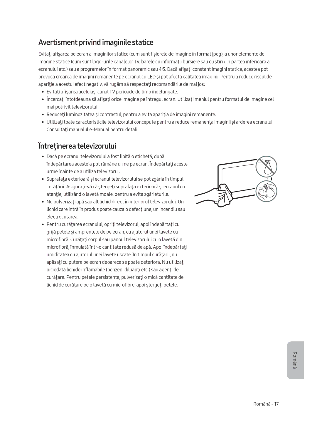 Samsung UE65MU6222KXXH, UE55MU6222KXXH, UE49MU6222KXXH Avertisment privind imaginile statice, Întreţinerea televizorului 