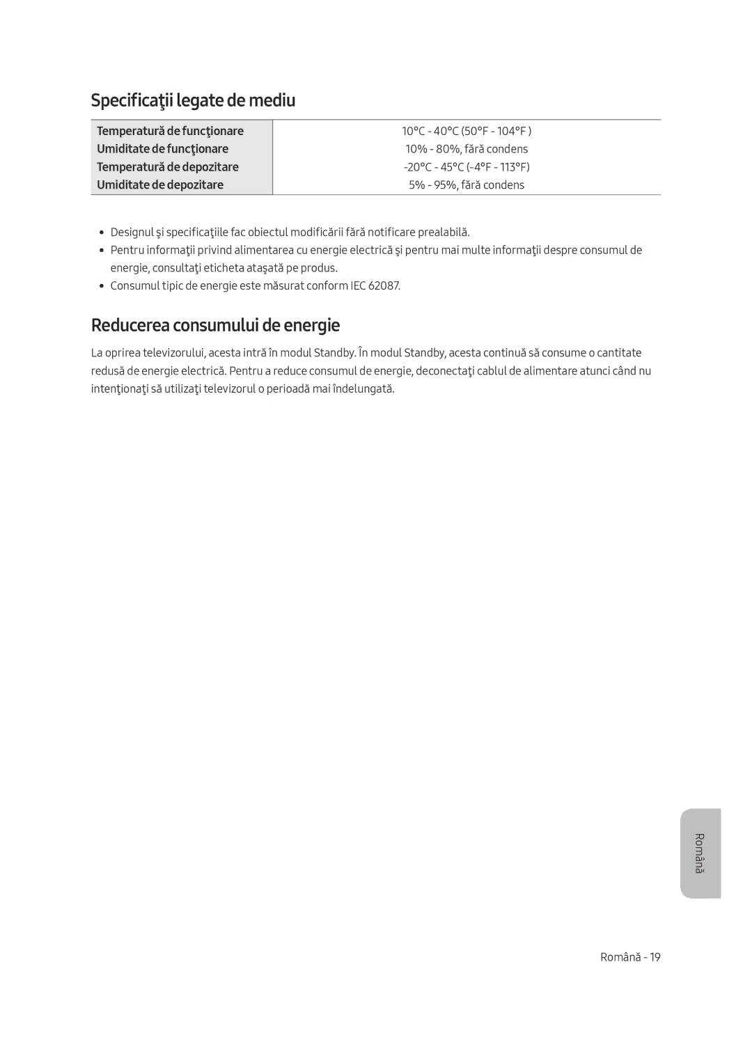 Samsung UE49MU6292UXXH, UE55MU6222KXXH, UE49MU6222KXXH manual Specificaţii legate de mediu, Reducerea consumului de energie 