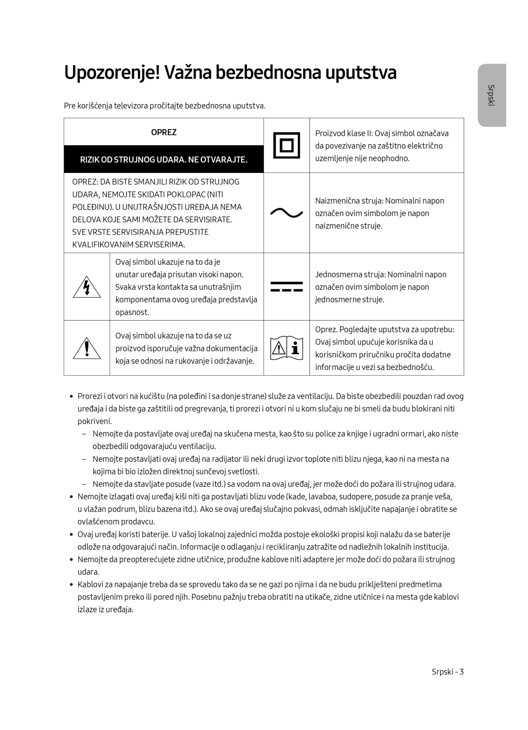 Samsung UE55MU6292UXXH, UE55MU6222KXXH manual Upozorenje! Važna bezbednosna uputstva, Rizik OD Strujnog UDARA. NE Otvarajte 