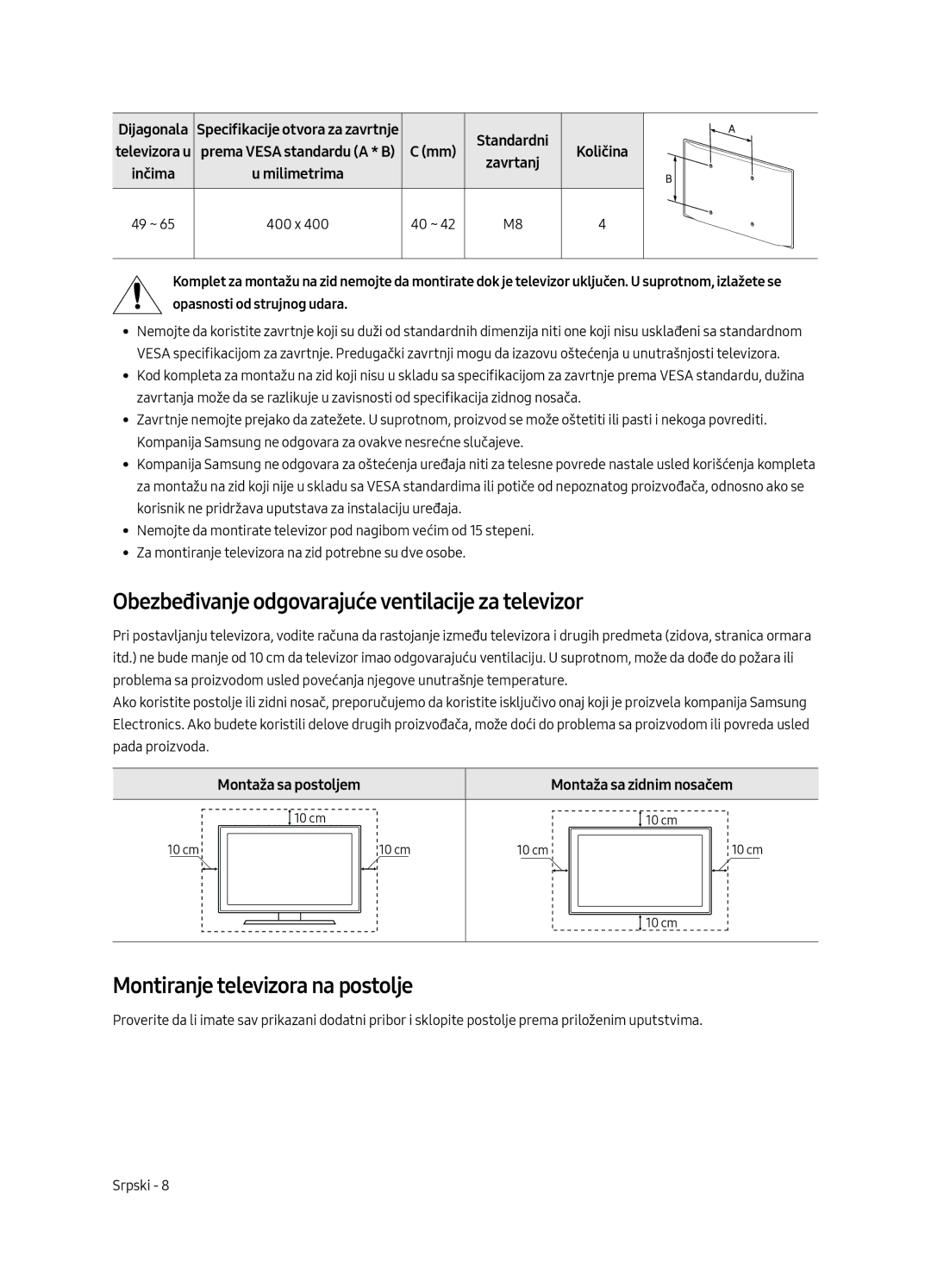 Samsung UE55MU6292UXXH manual Obezbeđivanje odgovarajuće ventilacije za televizor, Montiranje televizora na postolje 