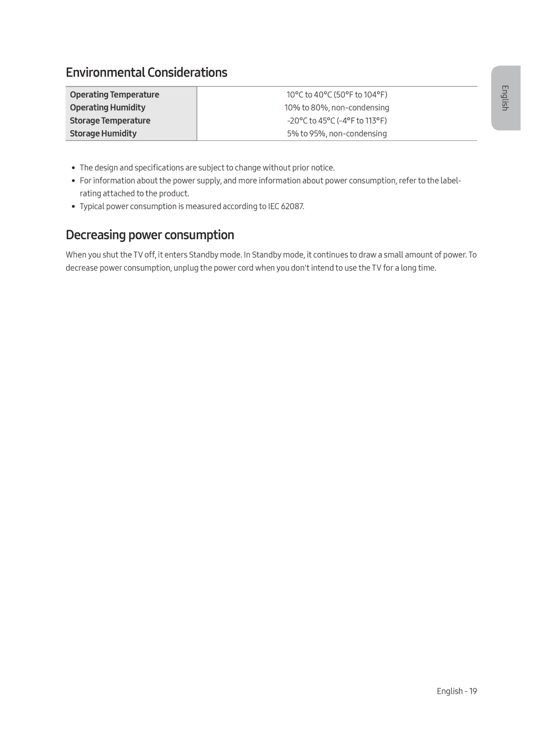 Samsung UE49MU6292UXXH, UE55MU6222KXXH, UE49MU6222KXXH manual Environmental Considerations, Decreasing power consumption 