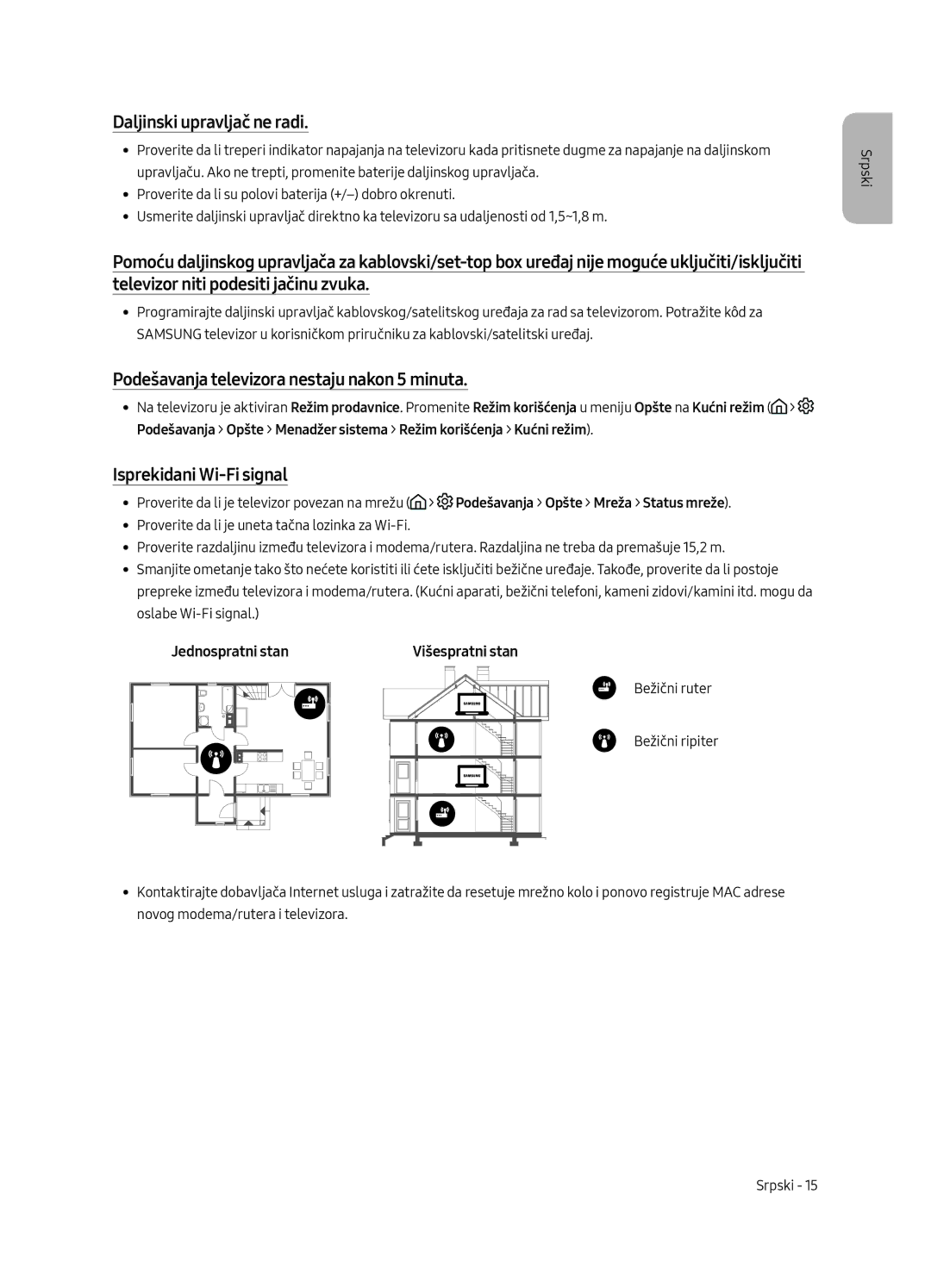 Samsung UE55MU6222KXXH, UE49MU6222KXXH manual Podešavanja televizora nestaju nakon 5 minuta, Isprekidani Wi-Fi signal 