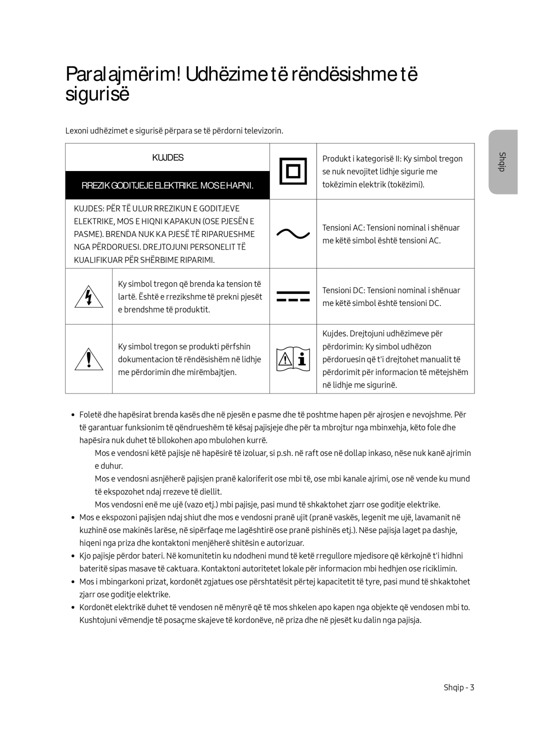 Samsung UE55MU6292UXXH, UE55MU6222KXXH, UE49MU6222KXXH manual Paralajmërim! Udhëzime të rëndësishme të sigurisë, Kujdes 