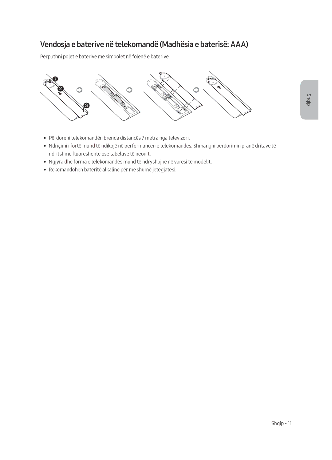 Samsung UE49MU6222KXXH, UE55MU6222KXXH, UE65MU6222KXXH manual Vendosja e baterive në telekomandë Madhësia e baterisë AAA 