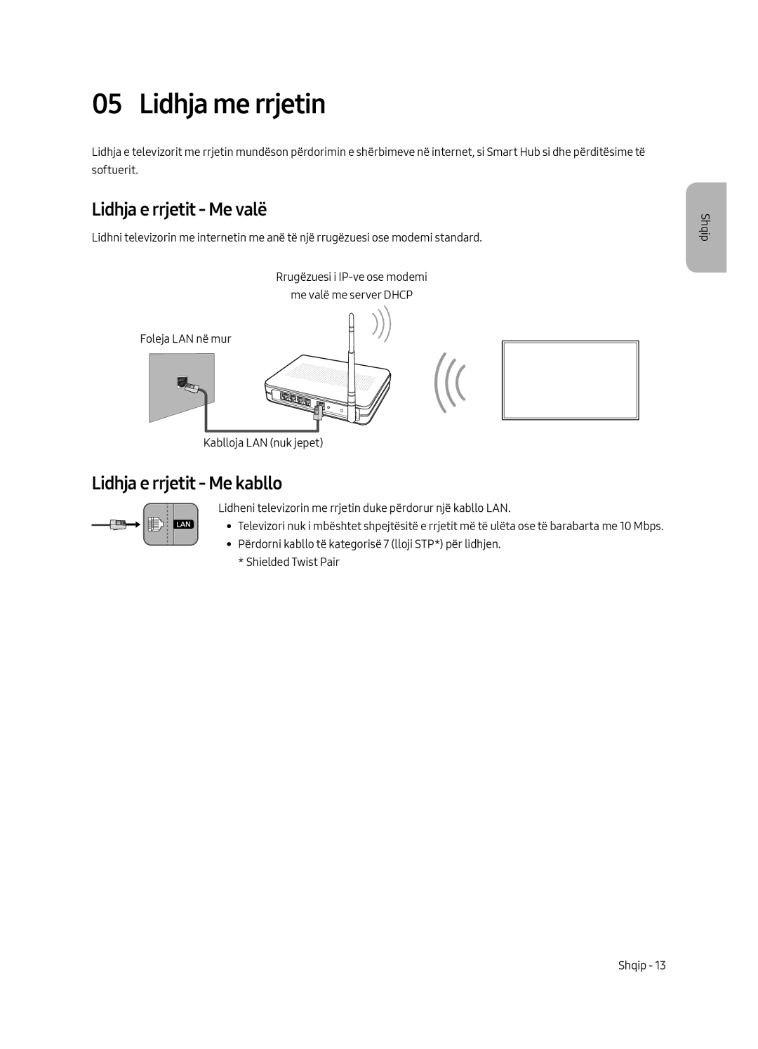 Samsung UE55MU6292UXXH, UE55MU6222KXXH manual Lidhja me rrjetin, Lidhja e rrjetit Me valë, Lidhja e rrjetit Me kabllo 