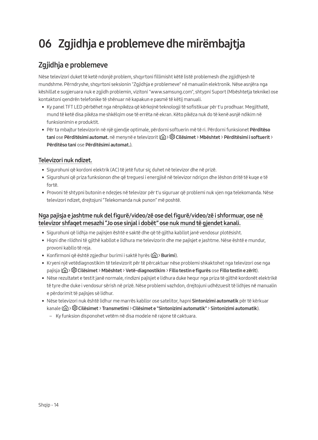 Samsung UE49MU6292UXXH, UE55MU6222KXXH, UE49MU6222KXXH manual Zgjidhja e problemeve dhe mirëmbajtja, Televizori nuk ndizet 