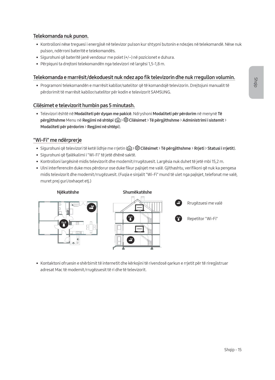 Samsung UE55MU6222KXXH manual Telekomanda nuk punon, Cilësimet e televizorit humbin pas 5 minutash, Wi-Fi me ndërprerje 