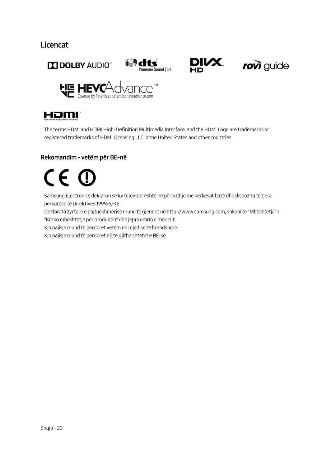 Samsung UE55MU6222KXXH, UE49MU6222KXXH, UE65MU6222KXXH, UE55MU6292UXXH, UE49MU6292UXXH Licencat, Rekomandim vetëm për BE-në 