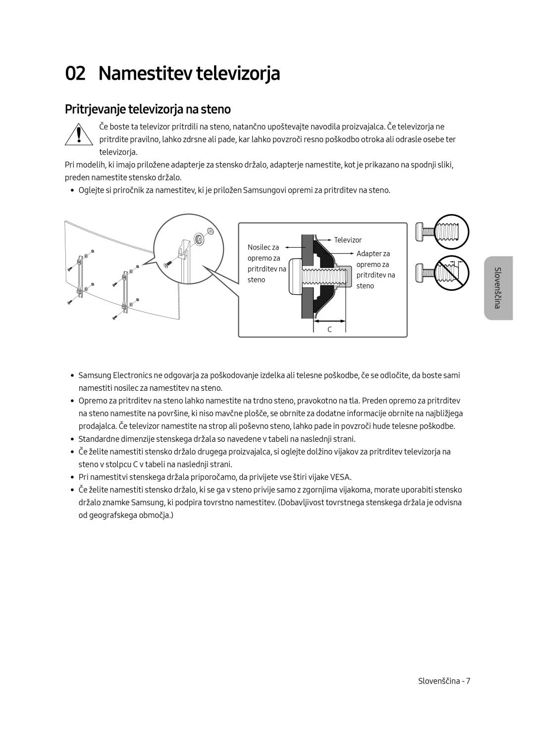 Samsung UE65MU6222KXXH, UE55MU6222KXXH, UE49MU6222KXXH manual Namestitev televizorja, Pritrjevanje televizorja na steno 