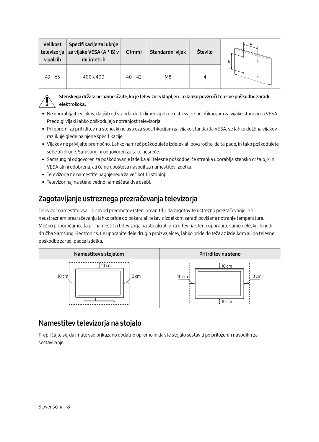 Samsung UE55MU6292UXXH manual Zagotavljanje ustreznega prezračevanja televizorja, Namestitev televizorja na stojalo 