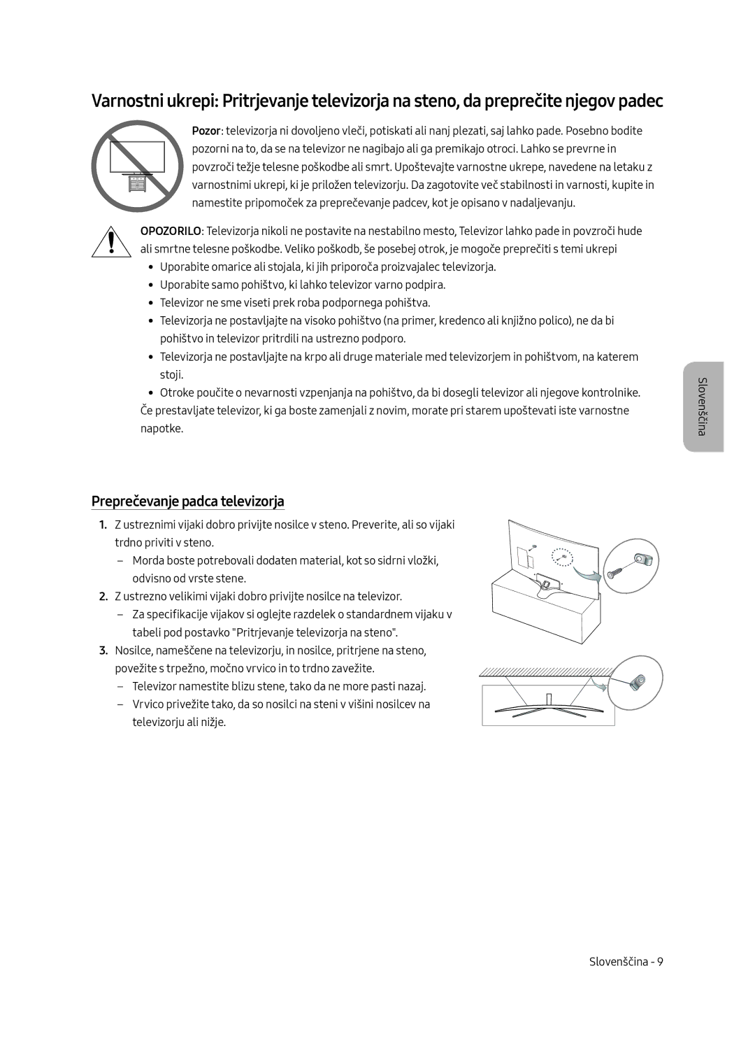 Samsung UE49MU6292UXXH, UE55MU6222KXXH, UE49MU6222KXXH, UE65MU6222KXXH, UE55MU6292UXXH manual Preprečevanje padca televizorja 