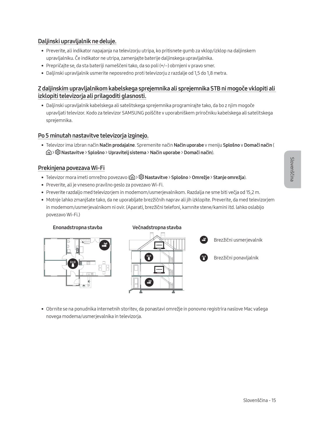 Samsung UE55MU6222KXXH, UE49MU6222KXXH manual Daljinski upravljalnik ne deluje, Po 5 minutah nastavitve televizorja izginejo 