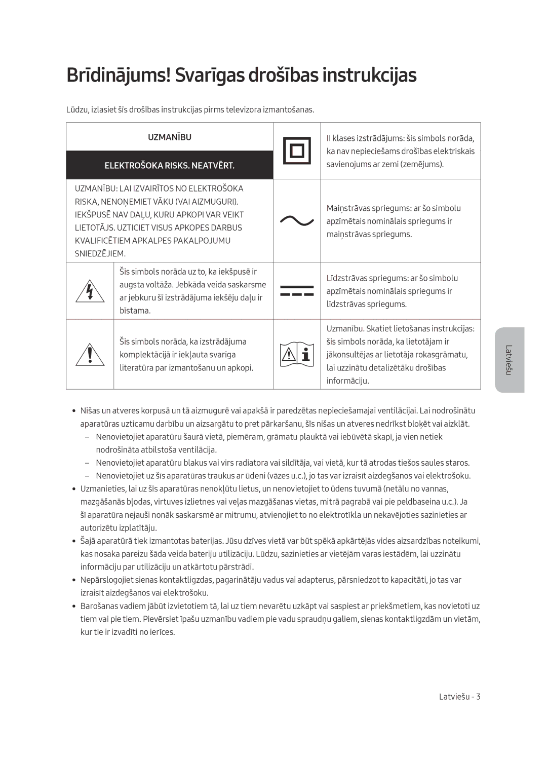 Samsung UE55MU6292UXXH, UE55MU6222KXXH manual Brīdinājums! Svarīgas drošības instrukcijas, Elektrošoka RISKS. Neatvērt 