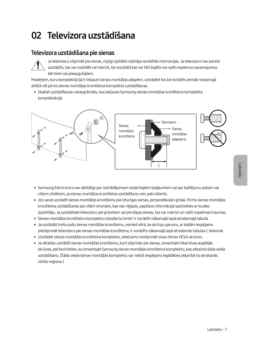 Samsung UE65MU6222KXXH, UE55MU6222KXXH, UE49MU6222KXXH, UE55MU6292UXXH, UE49MU6292UXXH Televizora uzstādīšana pie sienas 