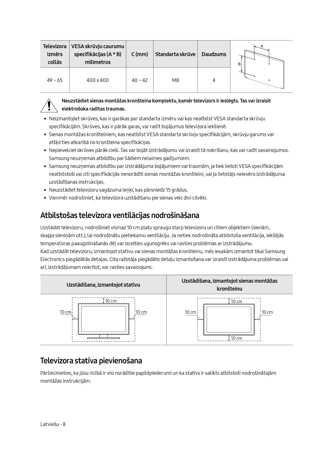 Samsung UE55MU6292UXXH, UE55MU6222KXXH Atbilstošas televizora ventilācijas nodrošināšana, Televizora statīva pievienošana 