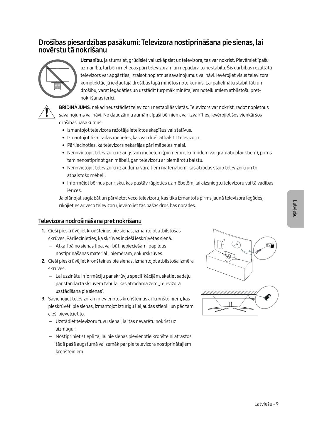 Samsung UE49MU6292UXXH, UE55MU6222KXXH, UE49MU6222KXXH, UE65MU6222KXXH manual Televizora nodrošināšana pret nokrišanu 