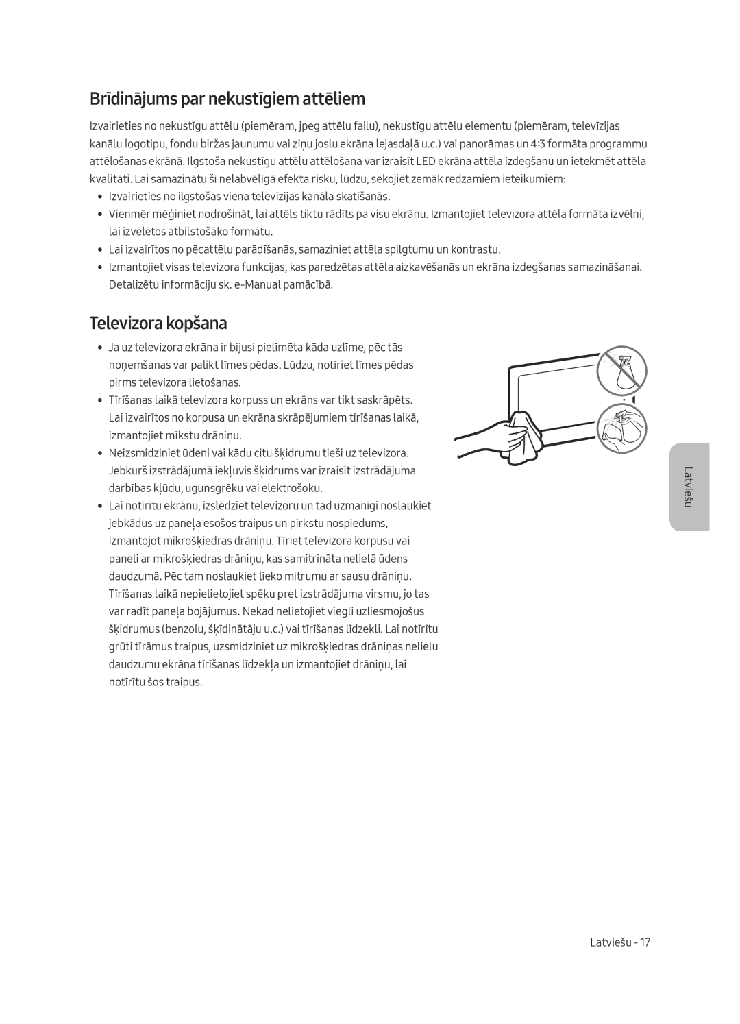 Samsung UE65MU6222KXXH, UE55MU6222KXXH, UE49MU6222KXXH manual Brīdinājums par nekustīgiem attēliem, Televizora kopšana 