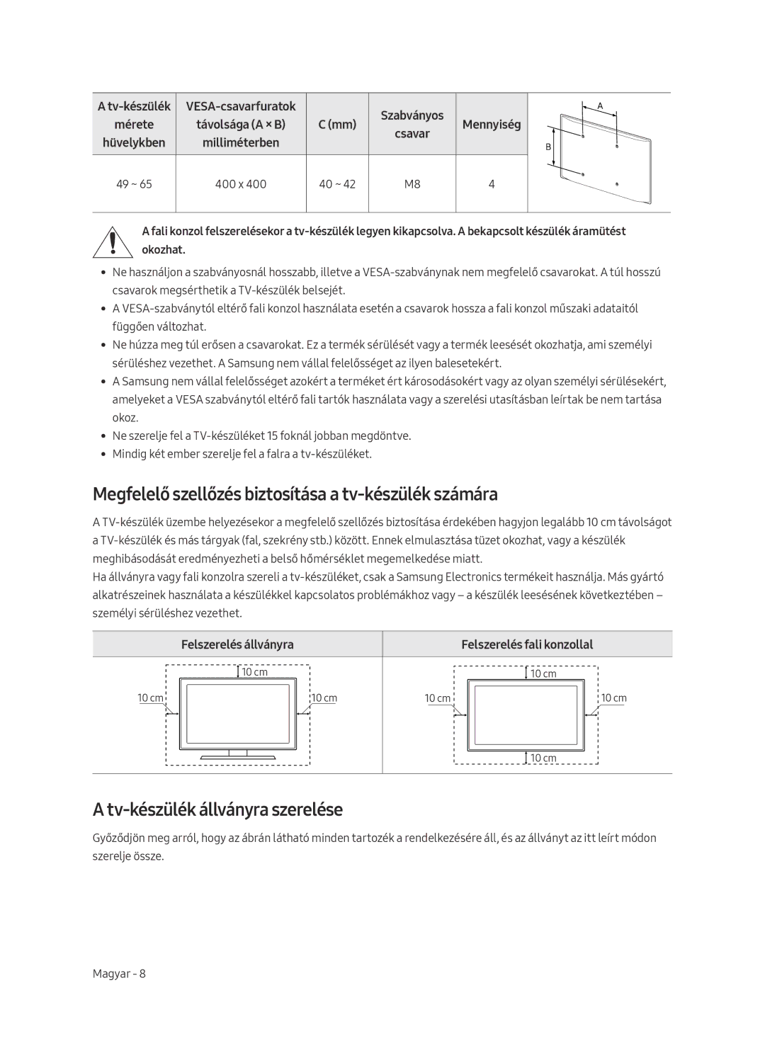 Samsung UE55MU6292UXXH manual Megfelelő szellőzés biztosítása a tv-készülék számára, Tv-készülék állványra szerelése 