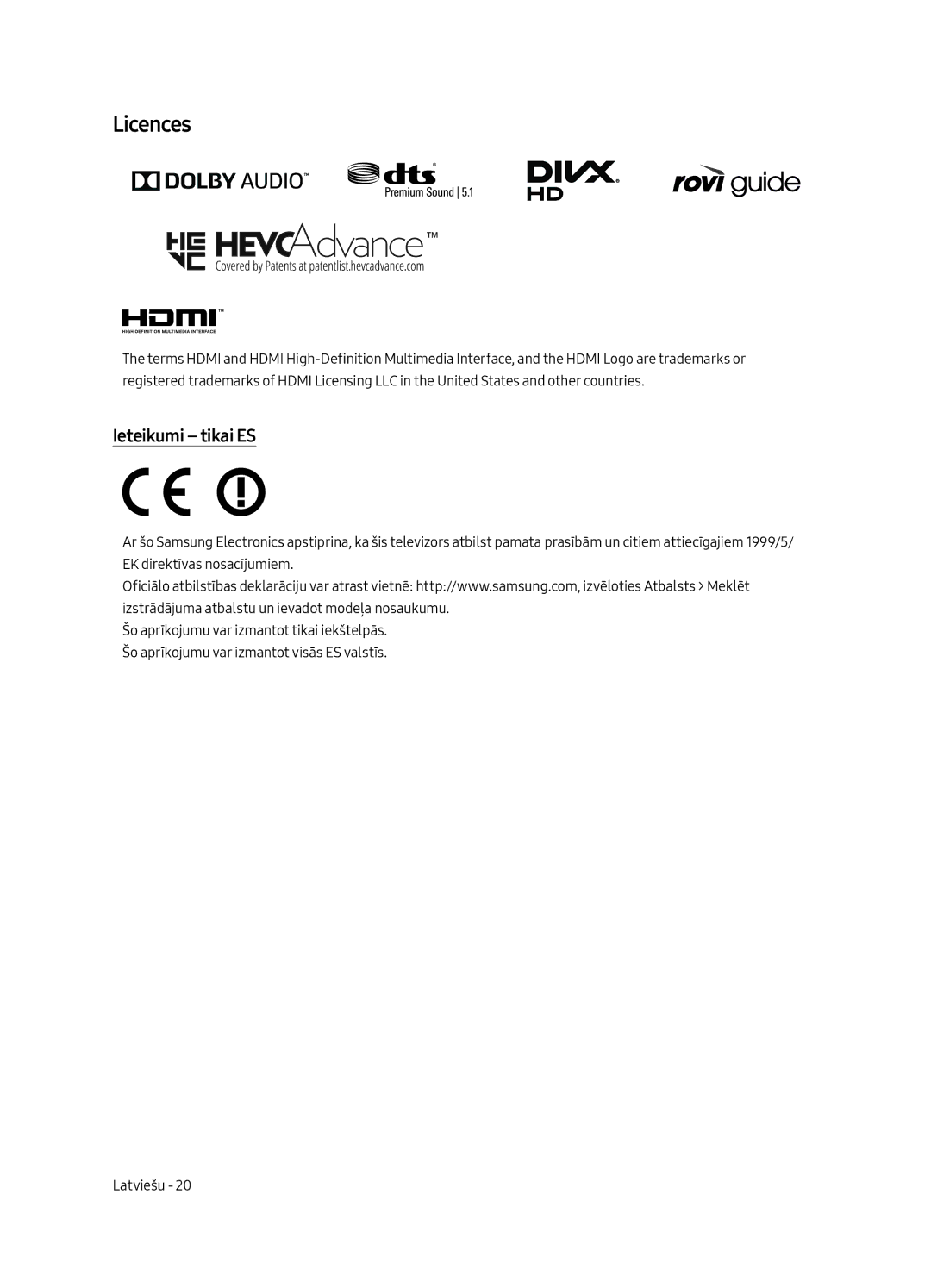 Samsung UE55MU6222KXXH, UE49MU6222KXXH, UE65MU6222KXXH, UE55MU6292UXXH, UE49MU6292UXXH manual Licences, Ieteikumi tikai ES 