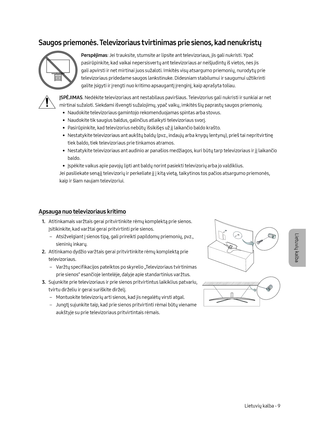 Samsung UE49MU6292UXXH, UE55MU6222KXXH, UE49MU6222KXXH, UE65MU6222KXXH, UE55MU6292UXXH manual Apsauga nuo televizoriaus kritimo 