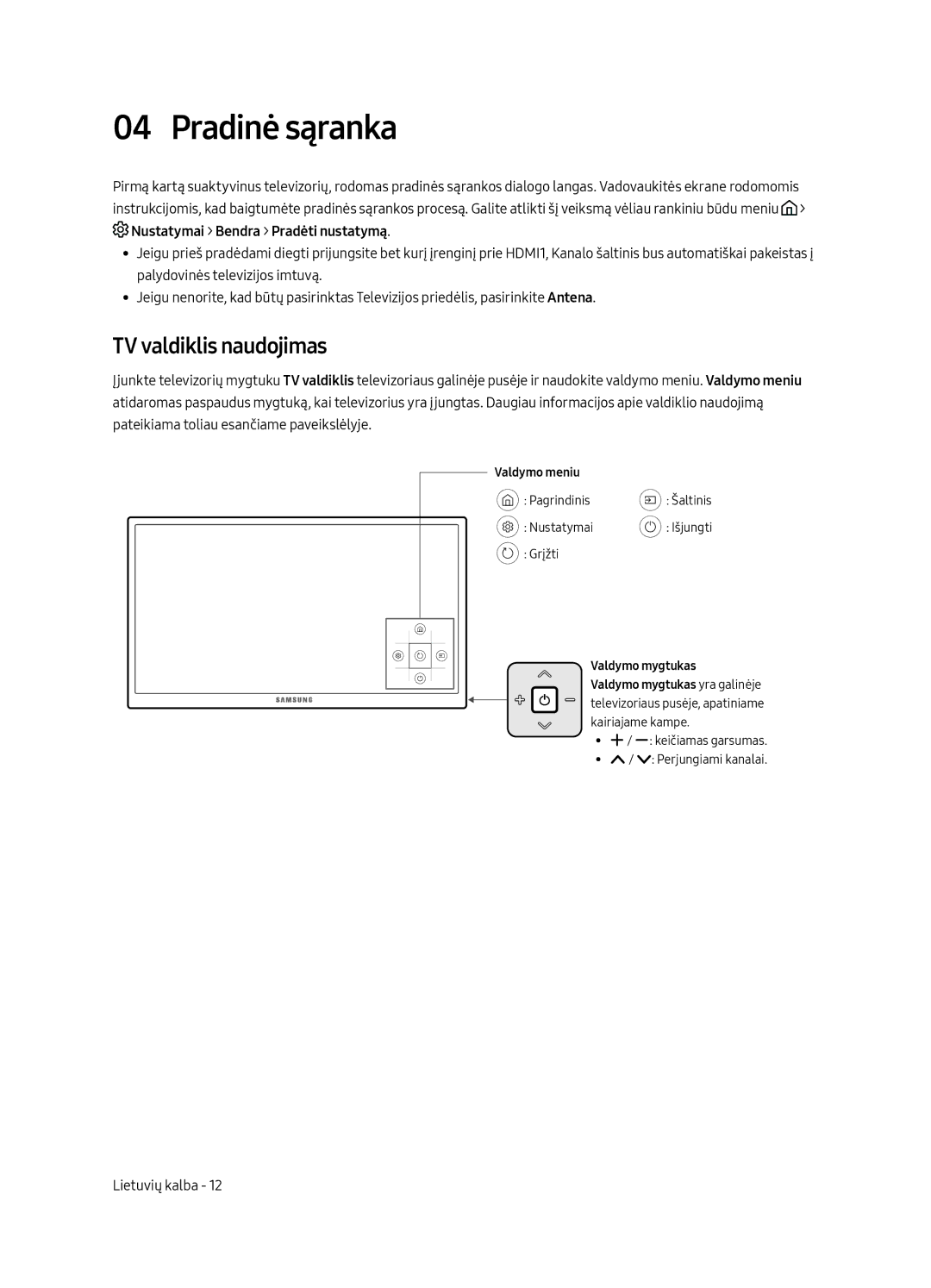 Samsung UE65MU6222KXXH, UE55MU6222KXXH, UE49MU6222KXXH, UE55MU6292UXXH manual Pradinė sąranka, TV valdiklis naudojimas 