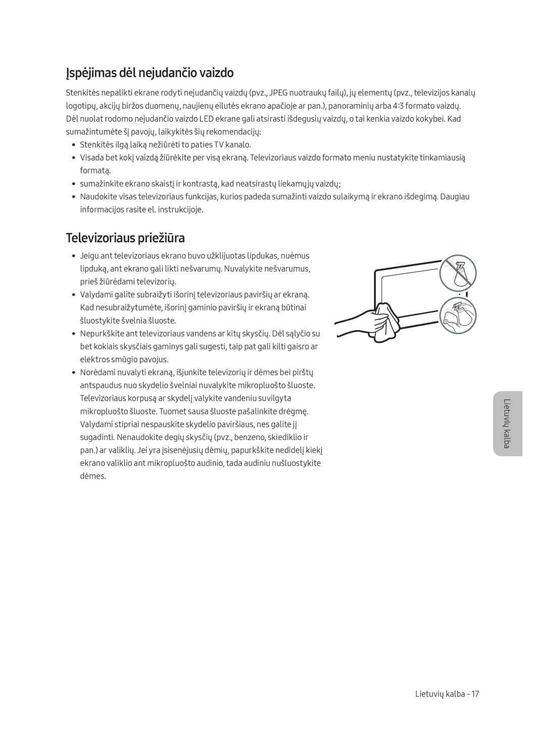 Samsung UE65MU6222KXXH, UE55MU6222KXXH, UE49MU6222KXXH manual Įspėjimas dėl nejudančio vaizdo, Televizoriaus priežiūra 