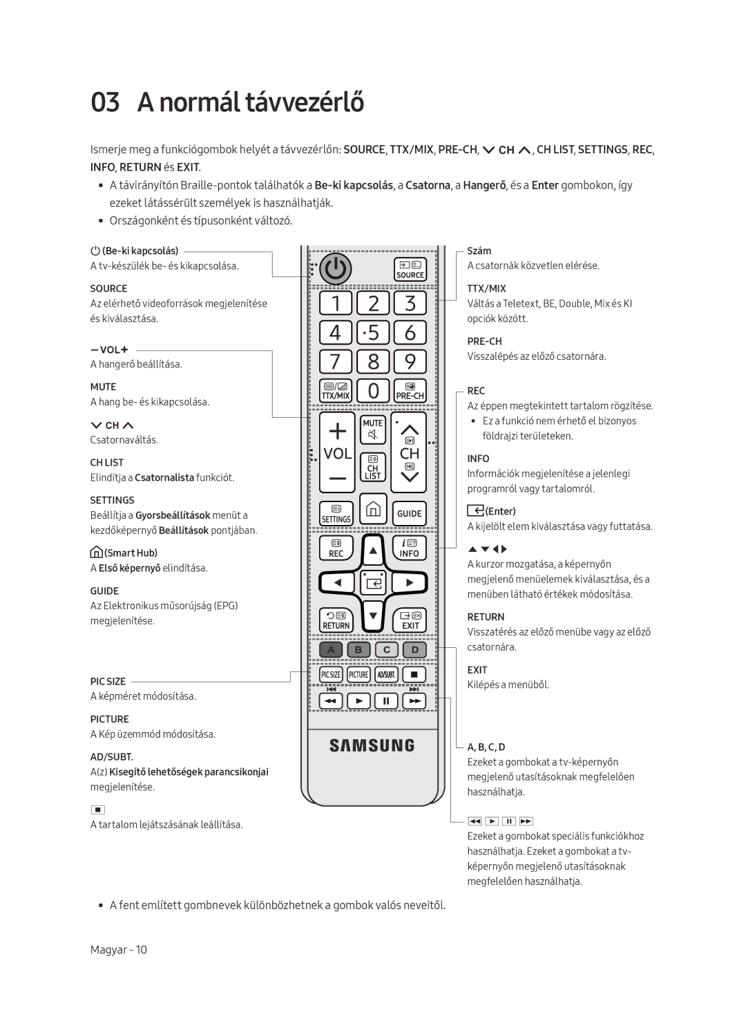 Samsung UE55MU6222KXXH, UE49MU6222KXXH, UE65MU6222KXXH, UE55MU6292UXXH, UE49MU6292UXXH manual Normál távvezérlő 