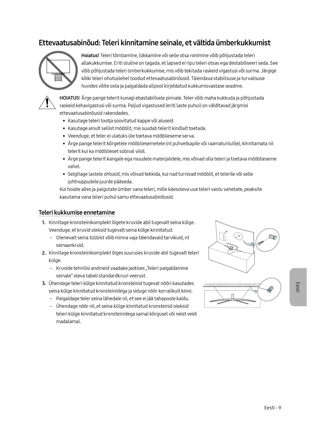 Samsung UE49MU6292UXXH, UE55MU6222KXXH, UE49MU6222KXXH, UE65MU6222KXXH, UE55MU6292UXXH manual Teleri kukkumise ennetamine 