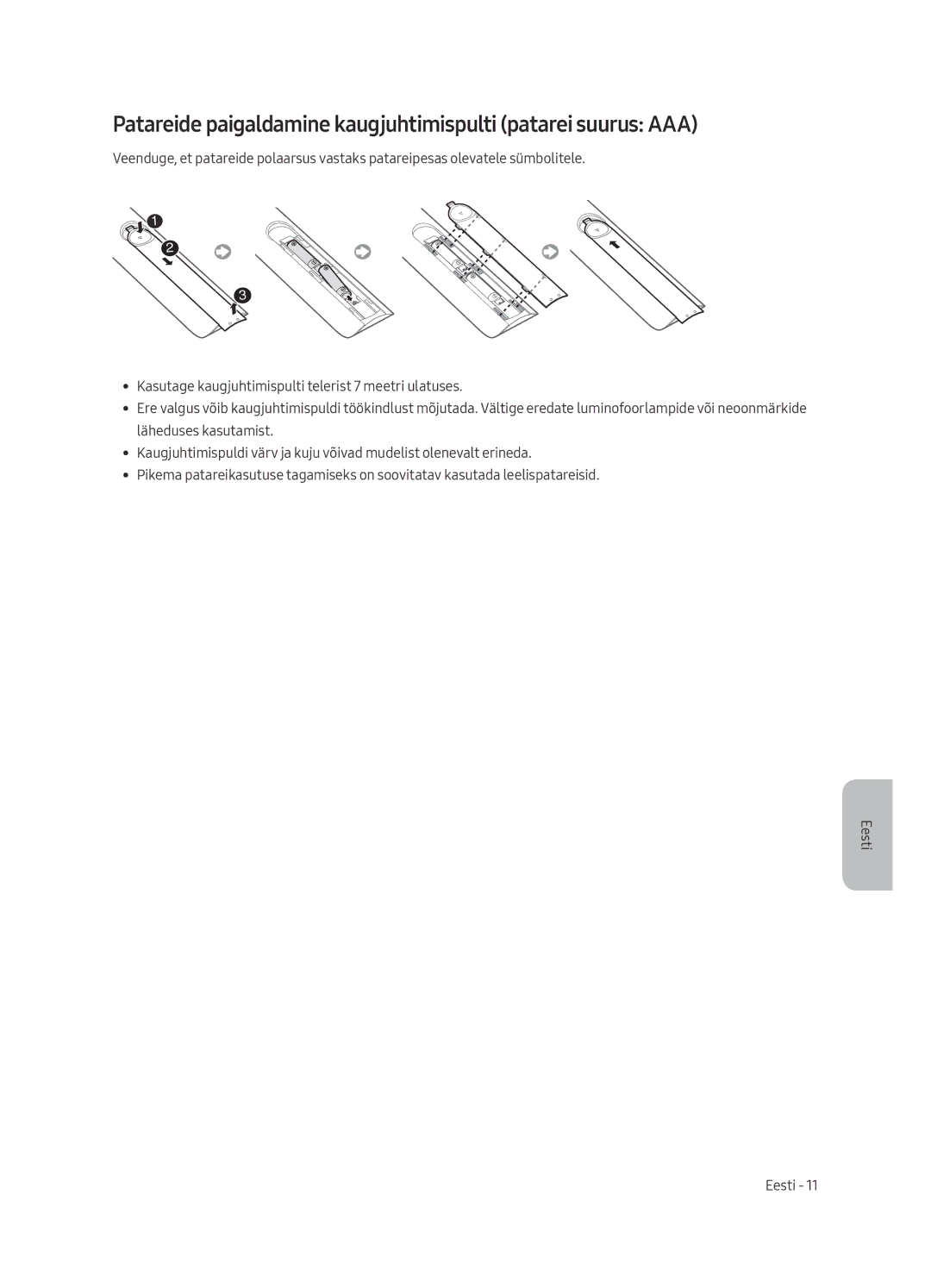 Samsung UE49MU6222KXXH, UE55MU6222KXXH, UE65MU6222KXXH manual Patareide paigaldamine kaugjuhtimispulti patarei suurus AAA 