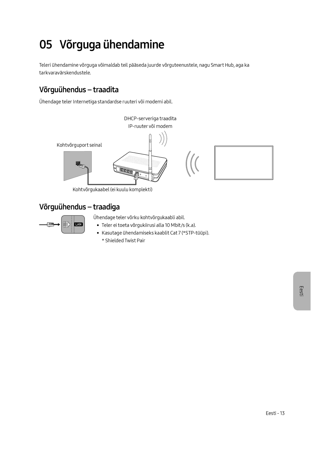 Samsung UE55MU6292UXXH, UE55MU6222KXXH, UE49MU6222KXXH 05 Võrguga ühendamine, Võrguühendus traadita, Võrguühendus traadiga 