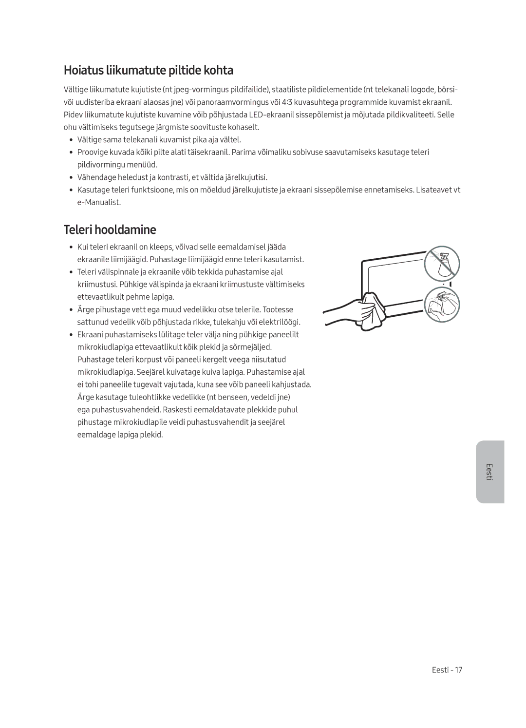 Samsung UE65MU6222KXXH, UE55MU6222KXXH, UE49MU6222KXXH, UE55MU6292UXXH Hoiatus liikumatute piltide kohta, Teleri hooldamine 