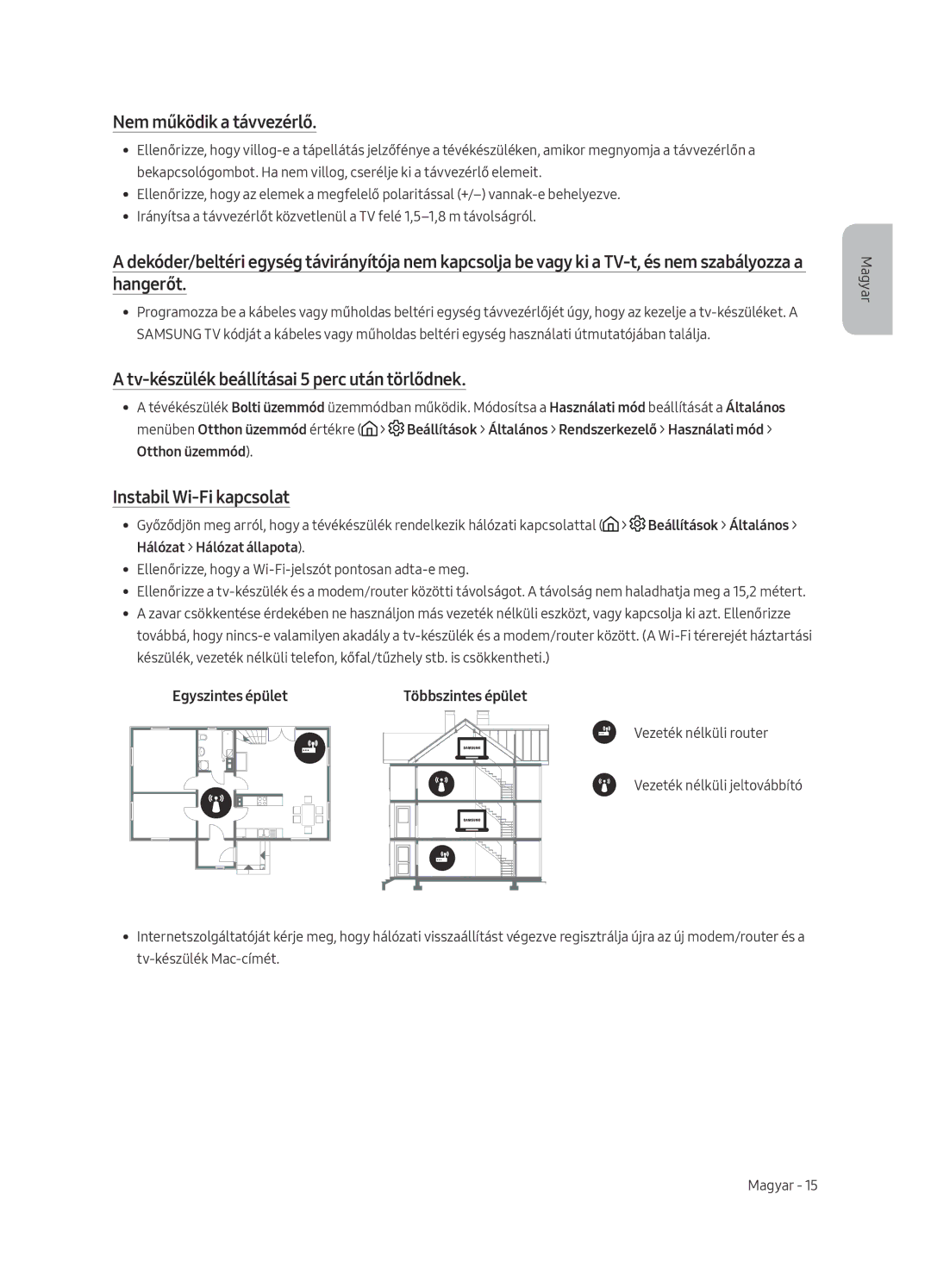 Samsung UE55MU6222KXXH Nem működik a távvezérlő, Tv-készülék beállításai 5 perc után törlődnek, Instabil Wi-Fi kapcsolat 