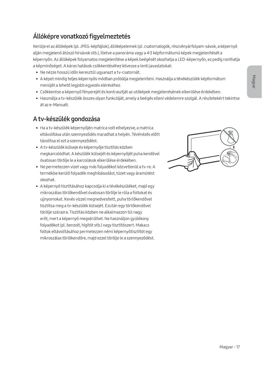 Samsung UE65MU6222KXXH, UE55MU6222KXXH, UE49MU6222KXXH manual Állóképre vonatkozó figyelmeztetés, Tv-készülék gondozása 