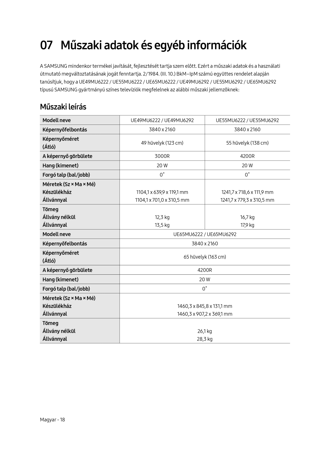 Samsung UE55MU6292UXXH, UE55MU6222KXXH, UE49MU6222KXXH manual 07 Műszaki adatok és egyéb információk, Műszaki leírás 