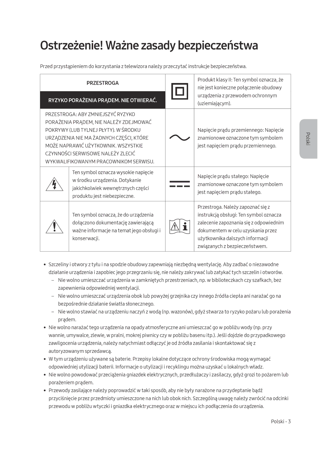 Samsung UE55MU6292UXXH, UE55MU6222KXXH, UE49MU6222KXXH, UE65MU6222KXXH Ostrzeżenie! Ważne zasady bezpieczeństwa, Przestroga 